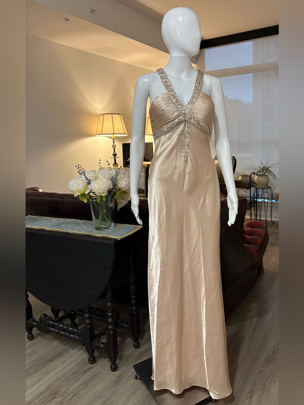 Adrianna Papell Hailey Champagne Beaded Empire Maxi Dress
